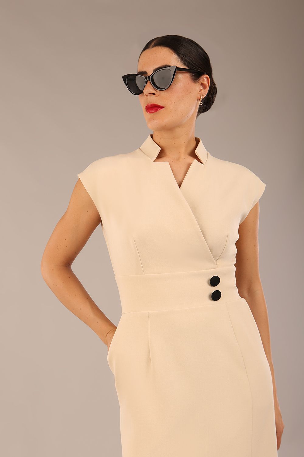 Derby Cap Sleeve Pencil Dress with Pockets in Sandshell Beige – Diva Catwalk, image 6