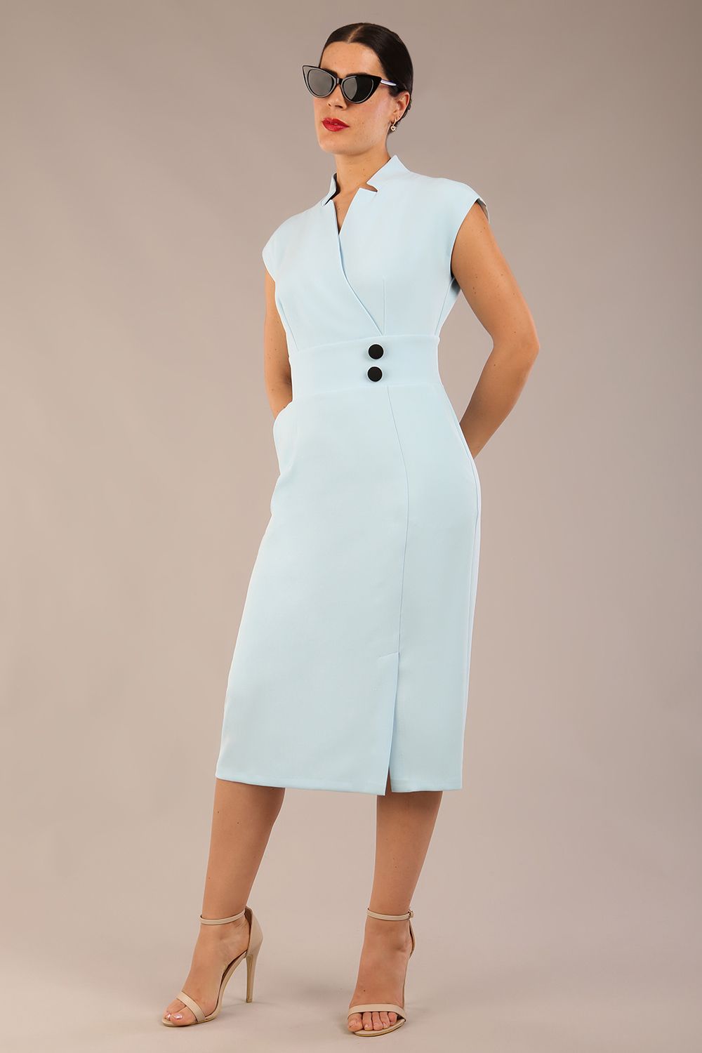 Derby Cap Sleeve Pencil Dress with Pockets in Sky Blue – Diva Catwalk, image 1
