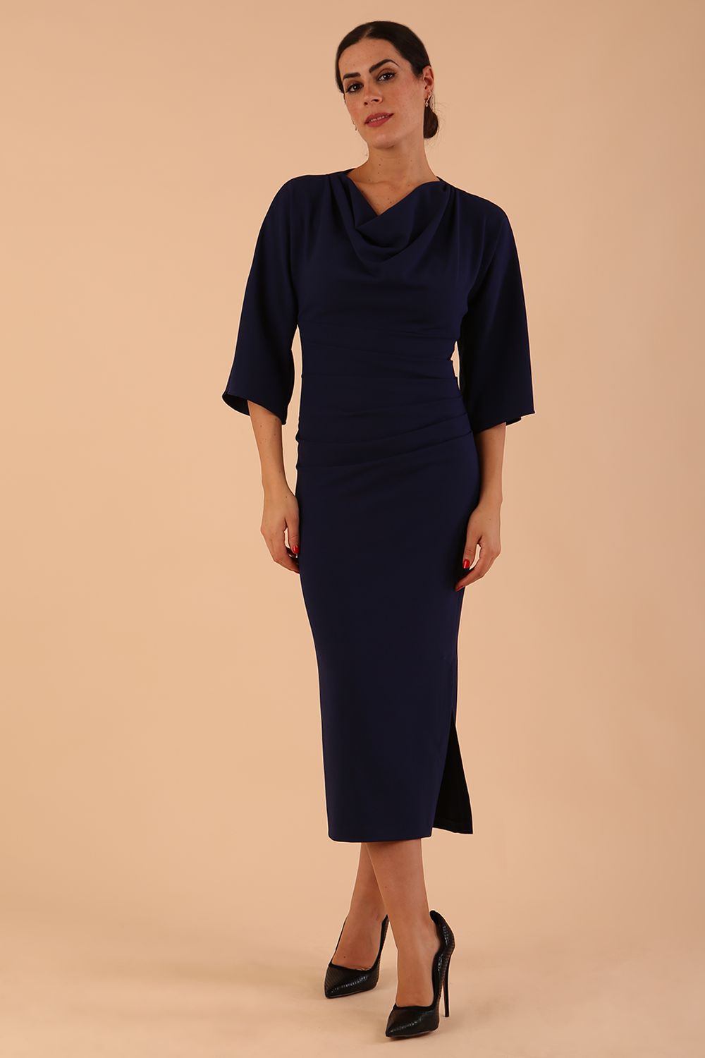 Diana Cowl Neck Pencil Dress in Navy Blue – Diva Catwalk, image 3