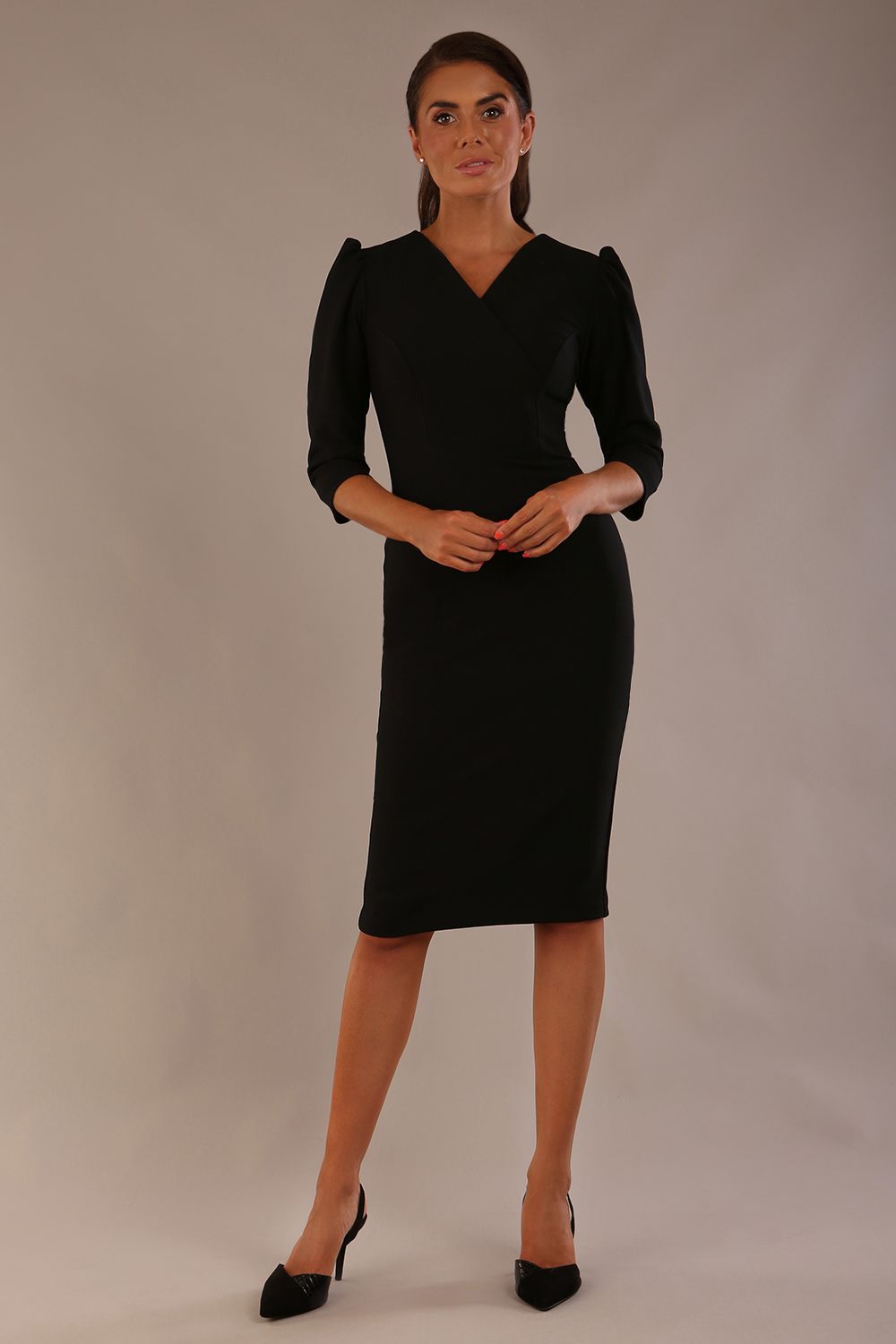 Ethan V-Neck Sleeved Pencil Dress in Black – Diva Catwalk, image 9