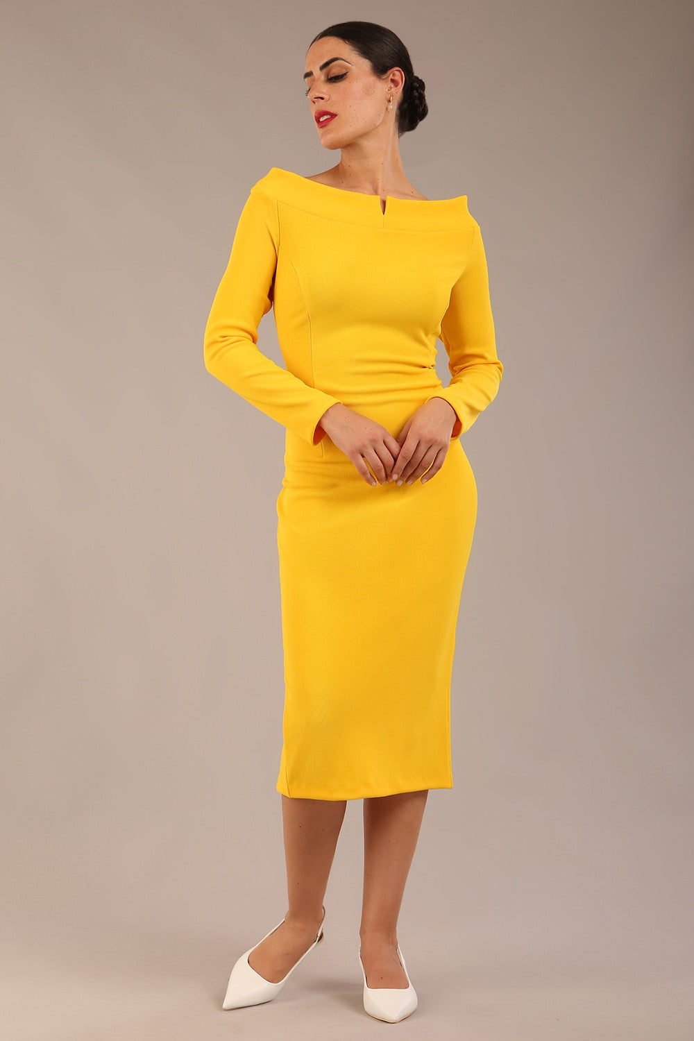 Faye Off Shoulder Long Sleeve Midi Dress in Sunshine yellow – Diva Catwalk, image 8