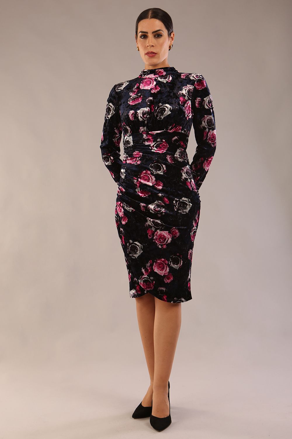 Firenze High-Neck Floral Velvet Wrap Dress – Diva Catwalk, image 4