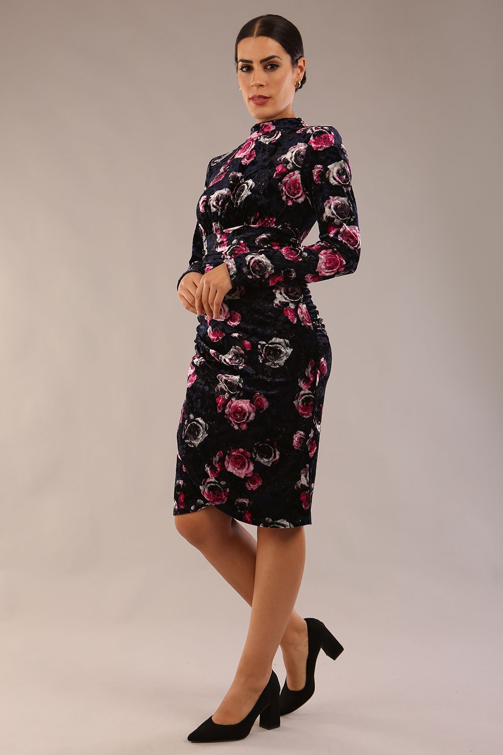 Firenze High-Neck Floral Velvet Wrap Dress in Black Floral Velvet – Diva Catwalk, image 1