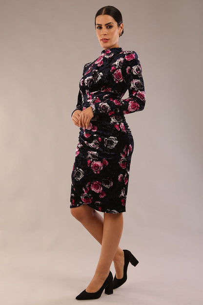 Firenze High-Neck Floral Velvet Wrap Dress 