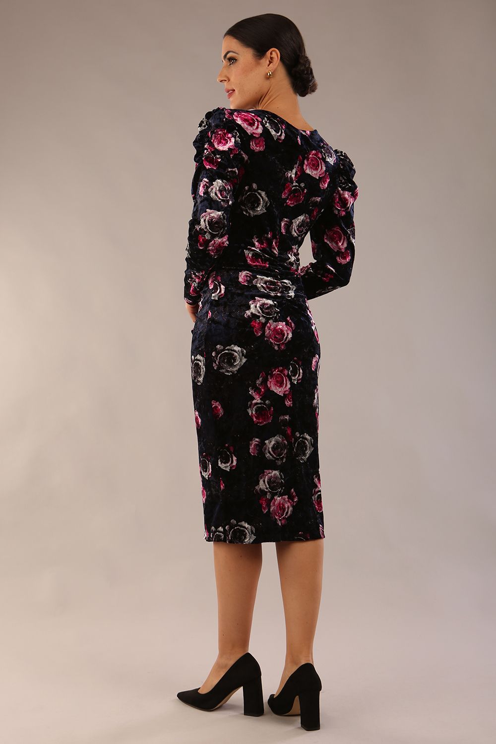 Gardenia Floral Velvet Ruched Front and Back Dress – Diva Catwalk, image 2