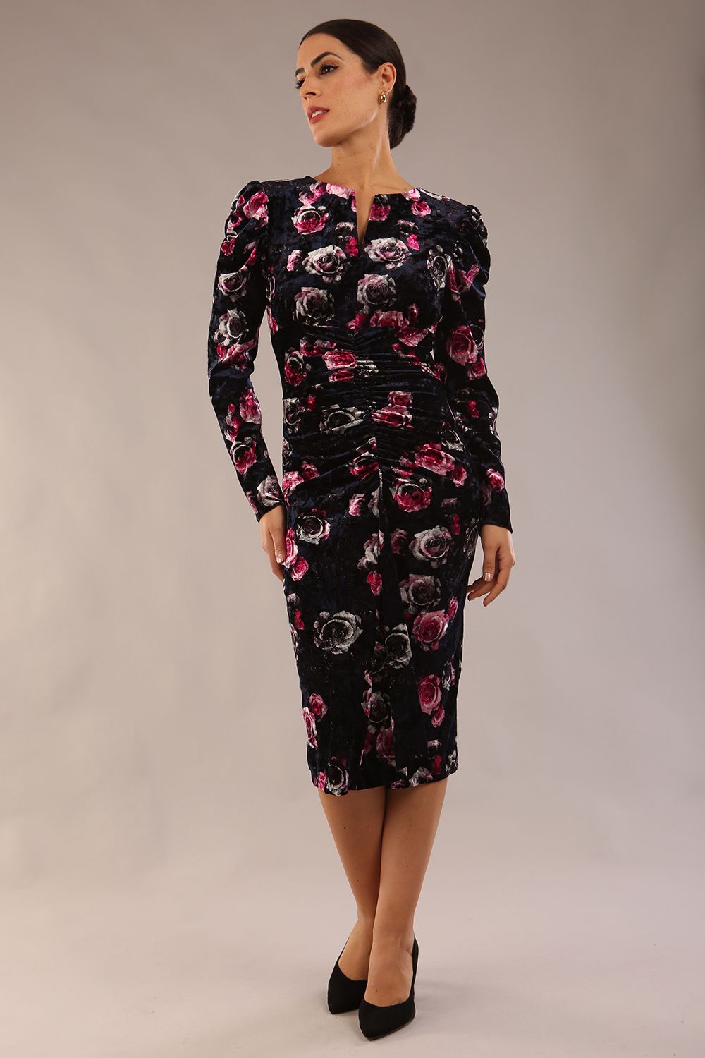 Gardenia Floral Velvet Ruched Front and Back Dress in Black Velvet – Diva Catwalk, image 1
