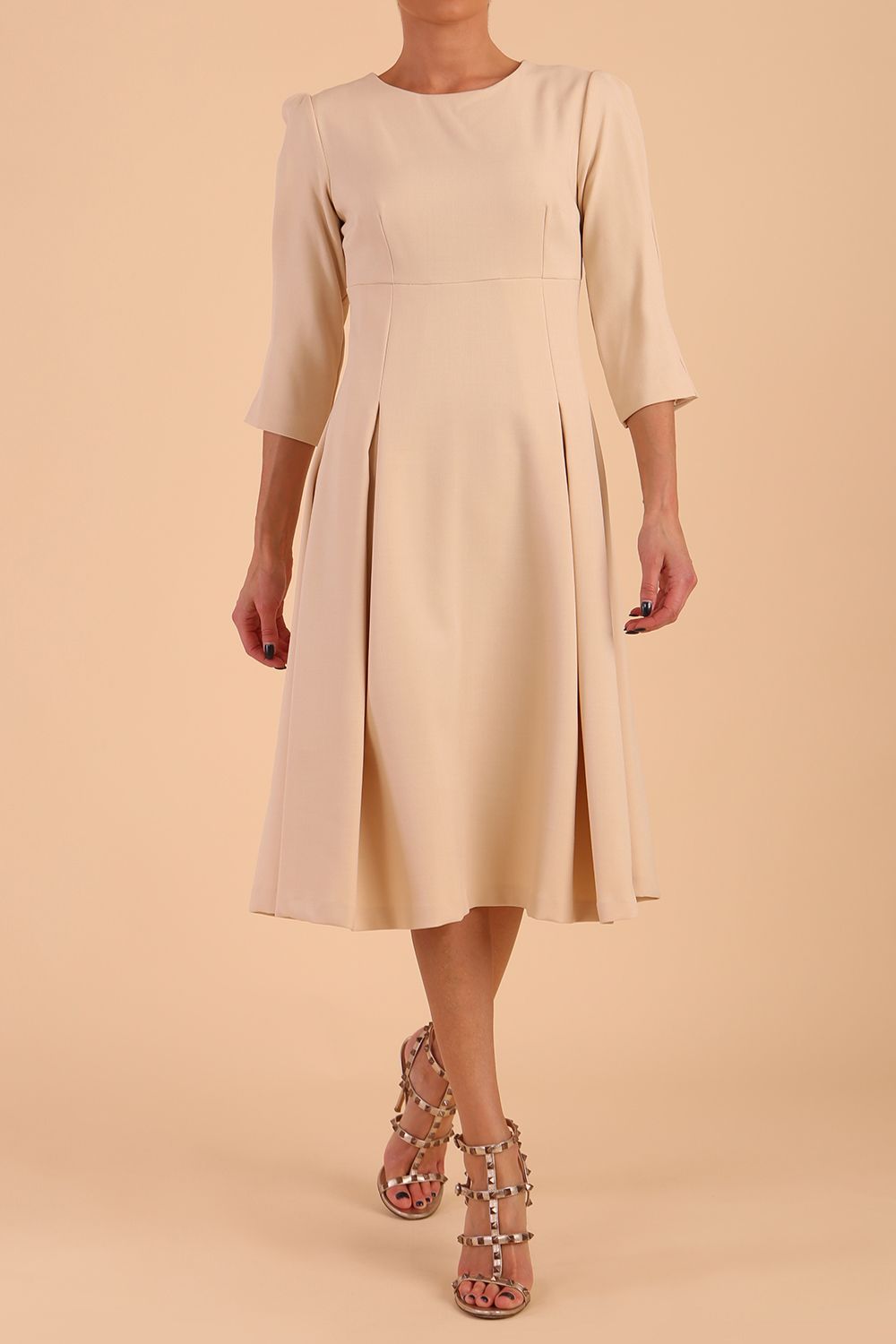 Harpsden Sleeved A-line Dress in Sandshell Beige – Diva Catwalk, image 7