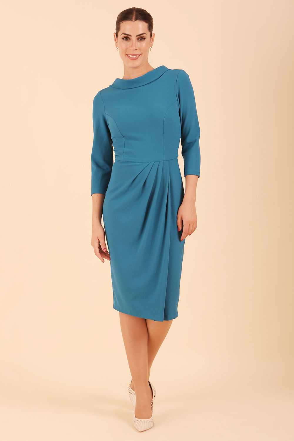 Hazel Rounded Collar Detail Pencil Dress in Tropical Teal – Diva Catwalk, image 20