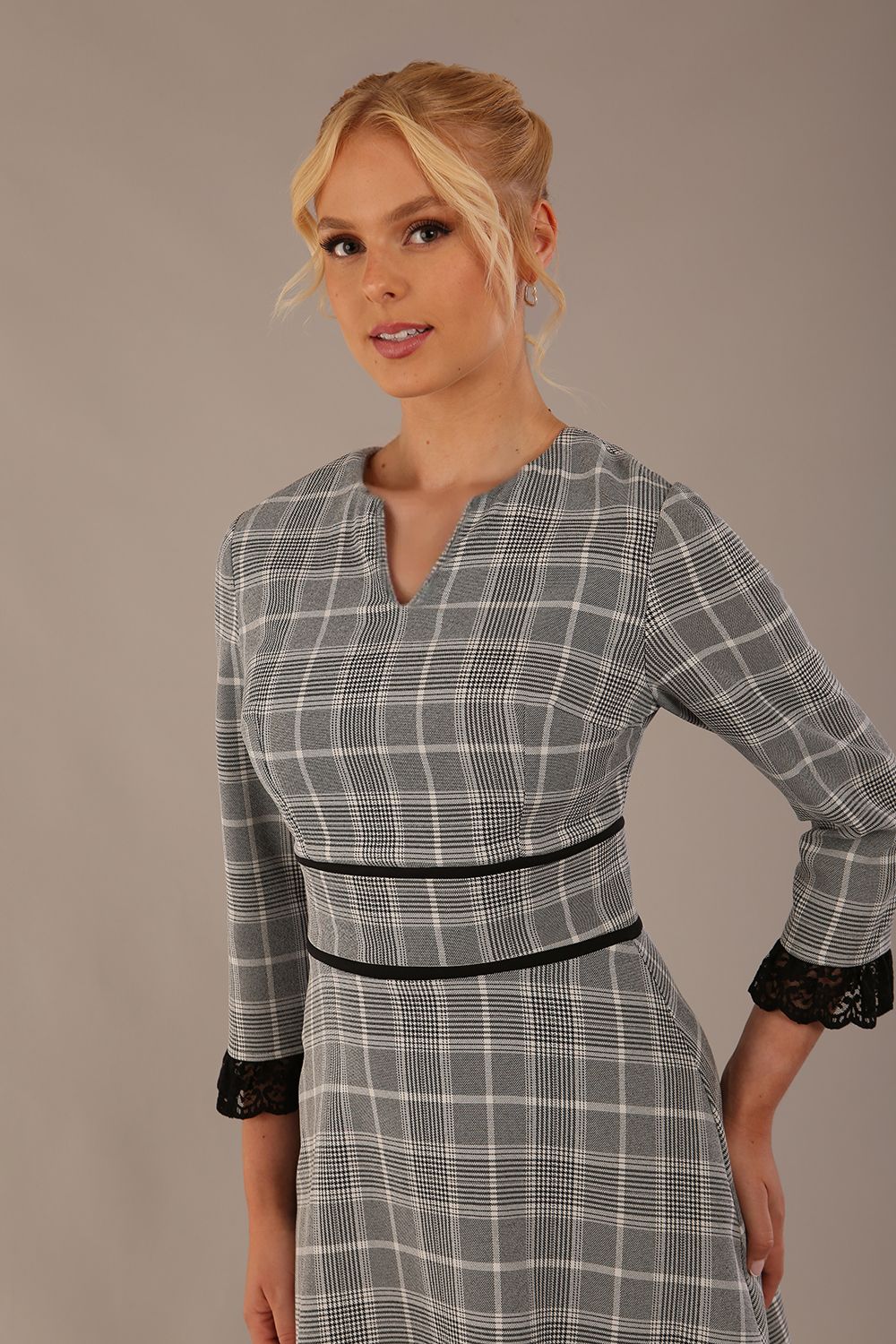 Hendricks V-Neck Check Midi Dress in Misty Grey Check – Diva Catwalk, image 1