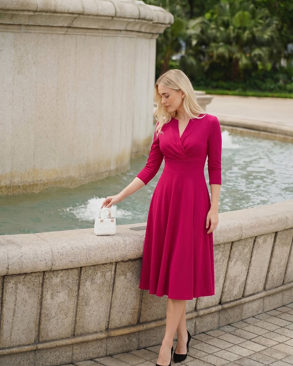 January Sleeved Swing Dress in Magenta – detail
