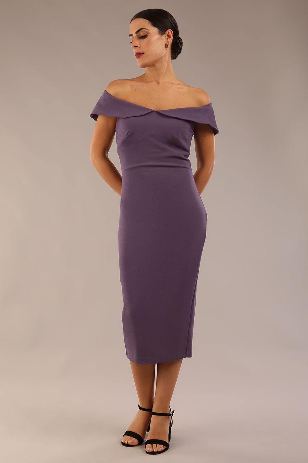 Juliette Off Shoulder Pencil Dress in Dark Mauve – Diva Catwalk, image 1
