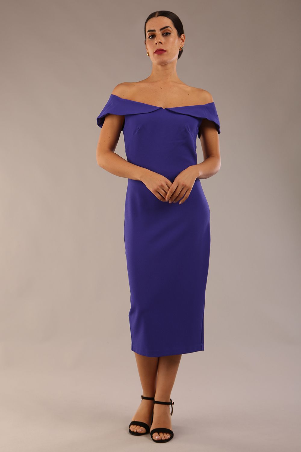Juliette Off Shoulder Pencil Dress in Spectrum Indigo – Diva Catwalk, image 2
