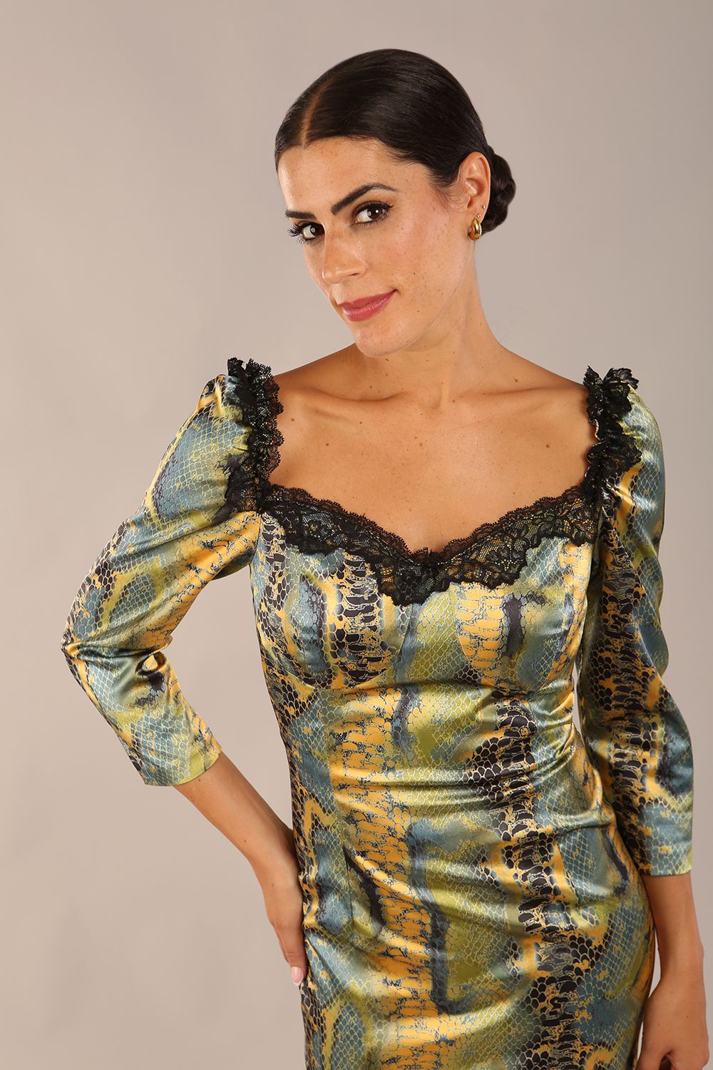 Jura Snakeskin Stretch Satin Print With Contrast Lace Trim Dress – Diva Catwalk, image 5