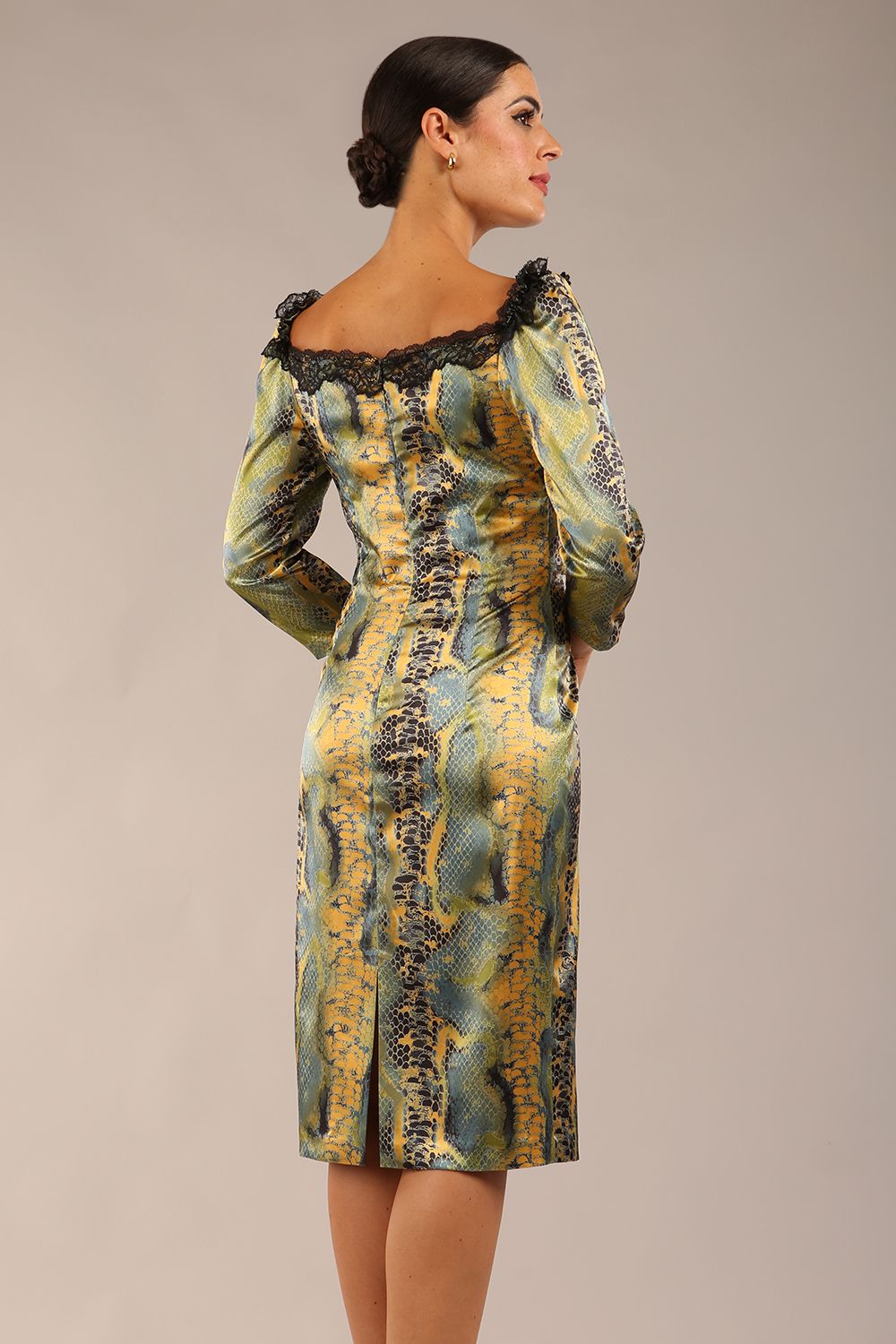 Jura Snakeskin Stretch Satin Print With Contrast Lace Trim Dress – Diva Catwalk, image 2