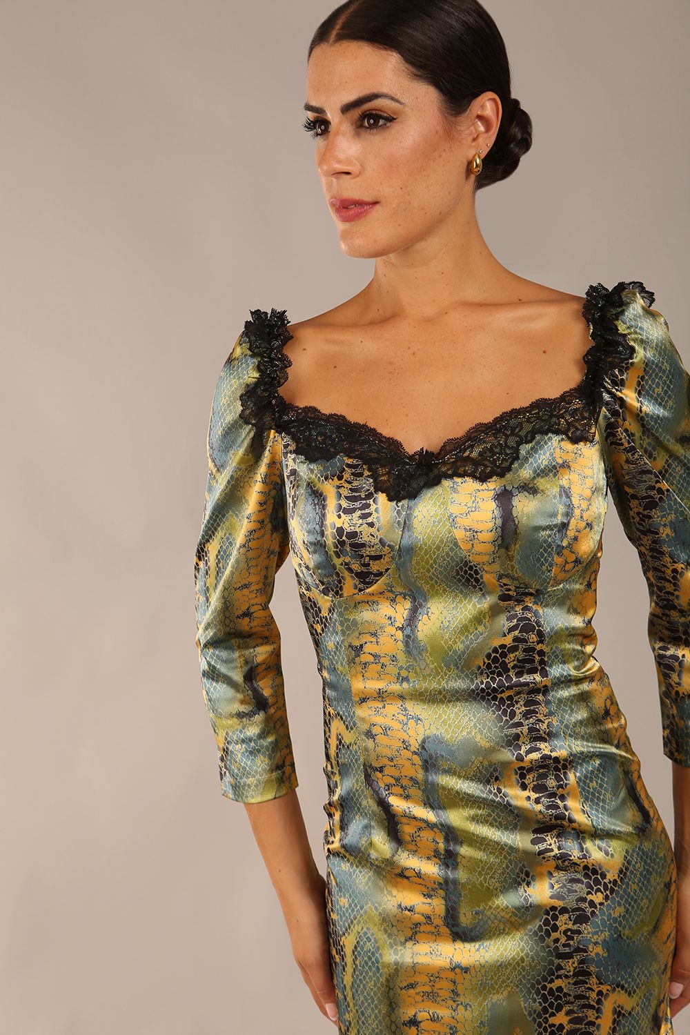 Jura Snakeskin Stretch Satin Print With Contrast Lace Trim Dress in Snakeskin Print Satin – Diva Catwalk, image 1