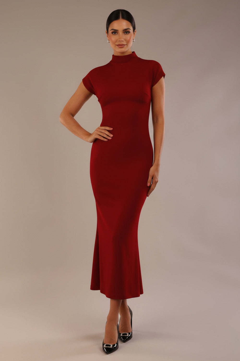 Kaden High Neck Midaxi Dress in Claret Red – Diva Catwalk, image 49