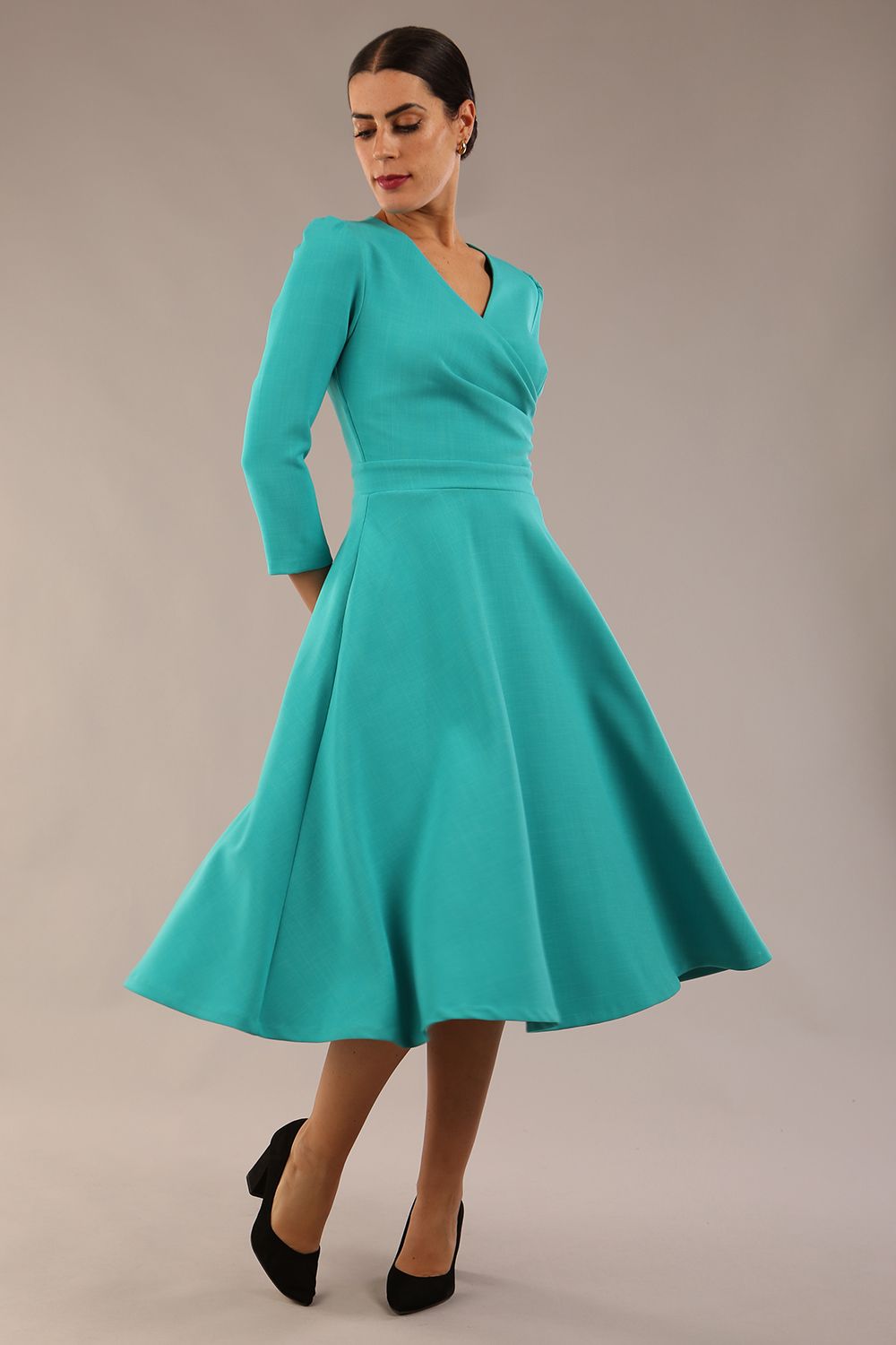 Karma 3/4 Length Sleeved Swing Dress in Aqua Green – Diva Catwalk, image 1