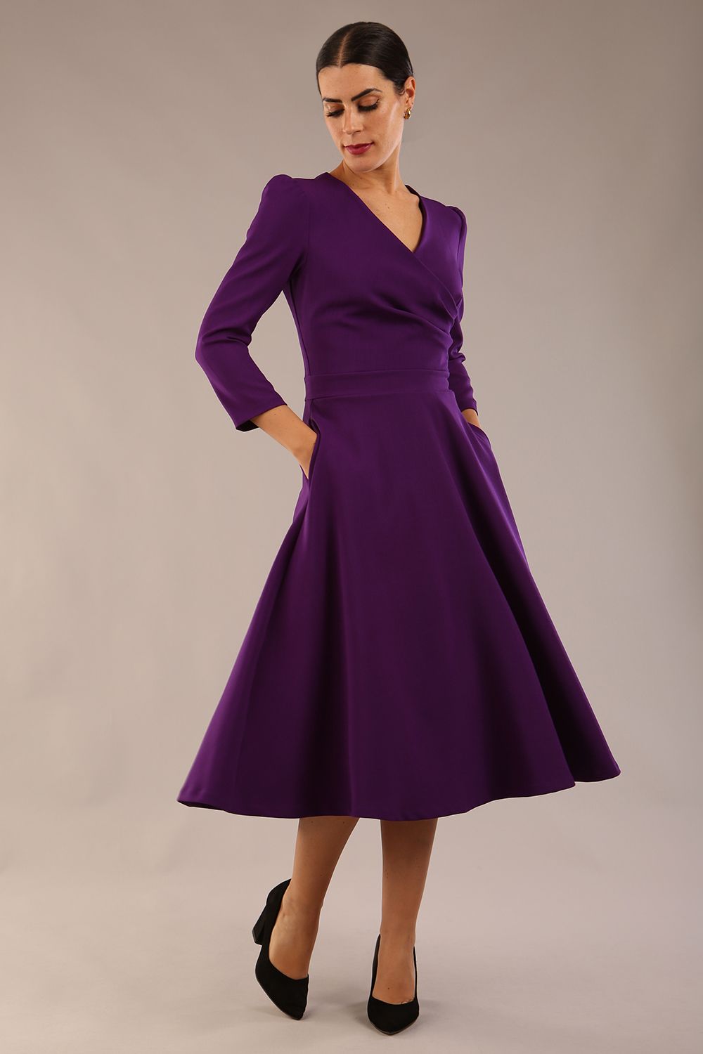 Karma 3/4 Length Sleeved Swing Dress in Deep Purple – Diva Catwalk, image 6
