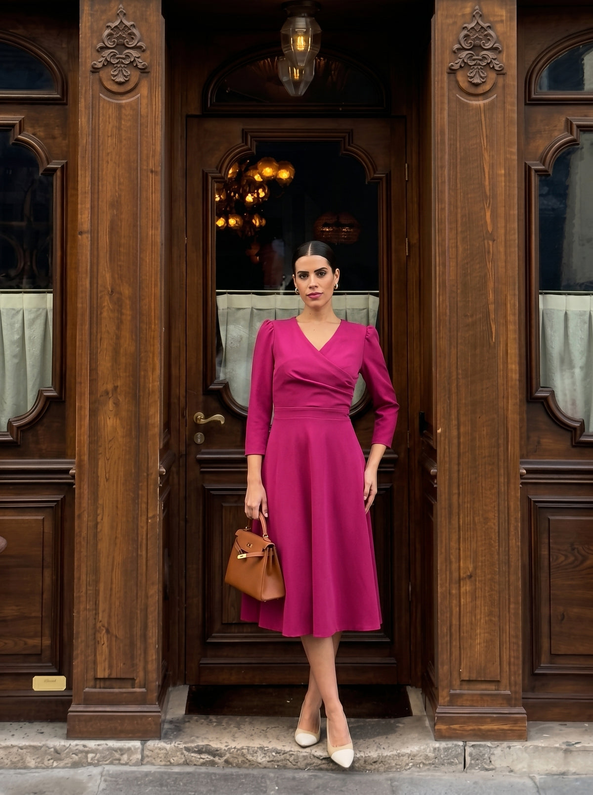 Karma 3/4 Length Sleeved Swing Dress in Magenta Haze – detail