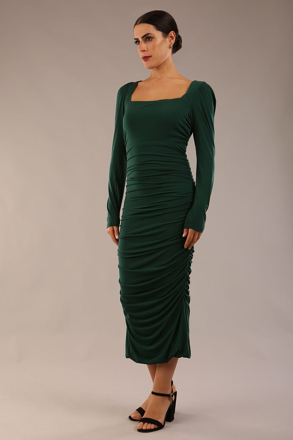 Kiki Silky Stretch Ruched Midi Dress in Forest Green – Diva Catwalk, image 5