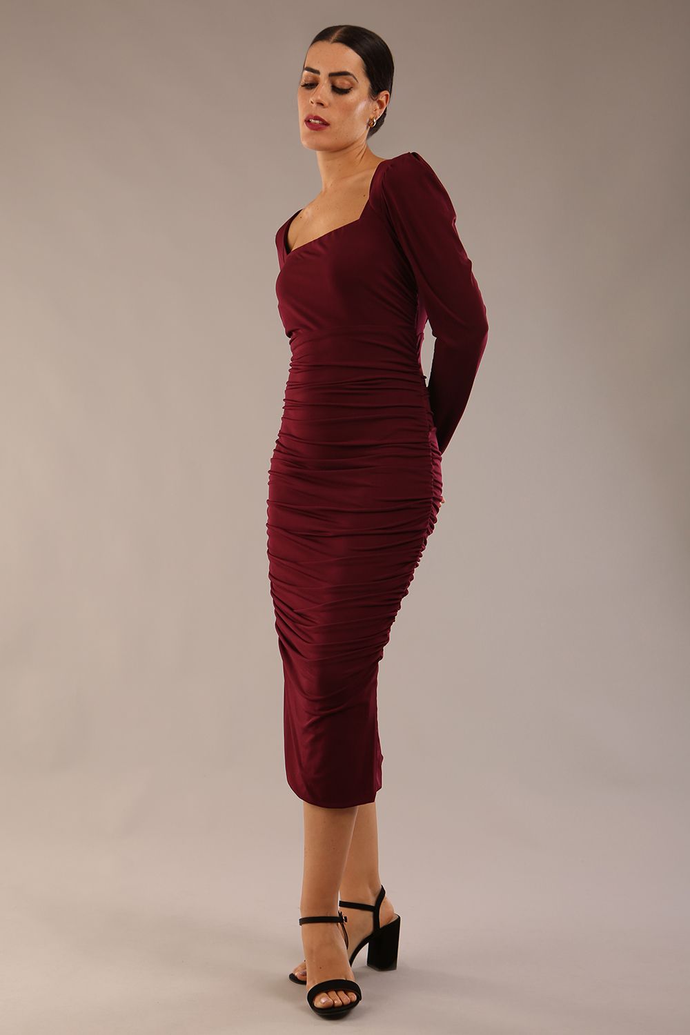 Kiki Silky Stretch Ruched Midi Dress in Burgundy – Diva Catwalk, image 1