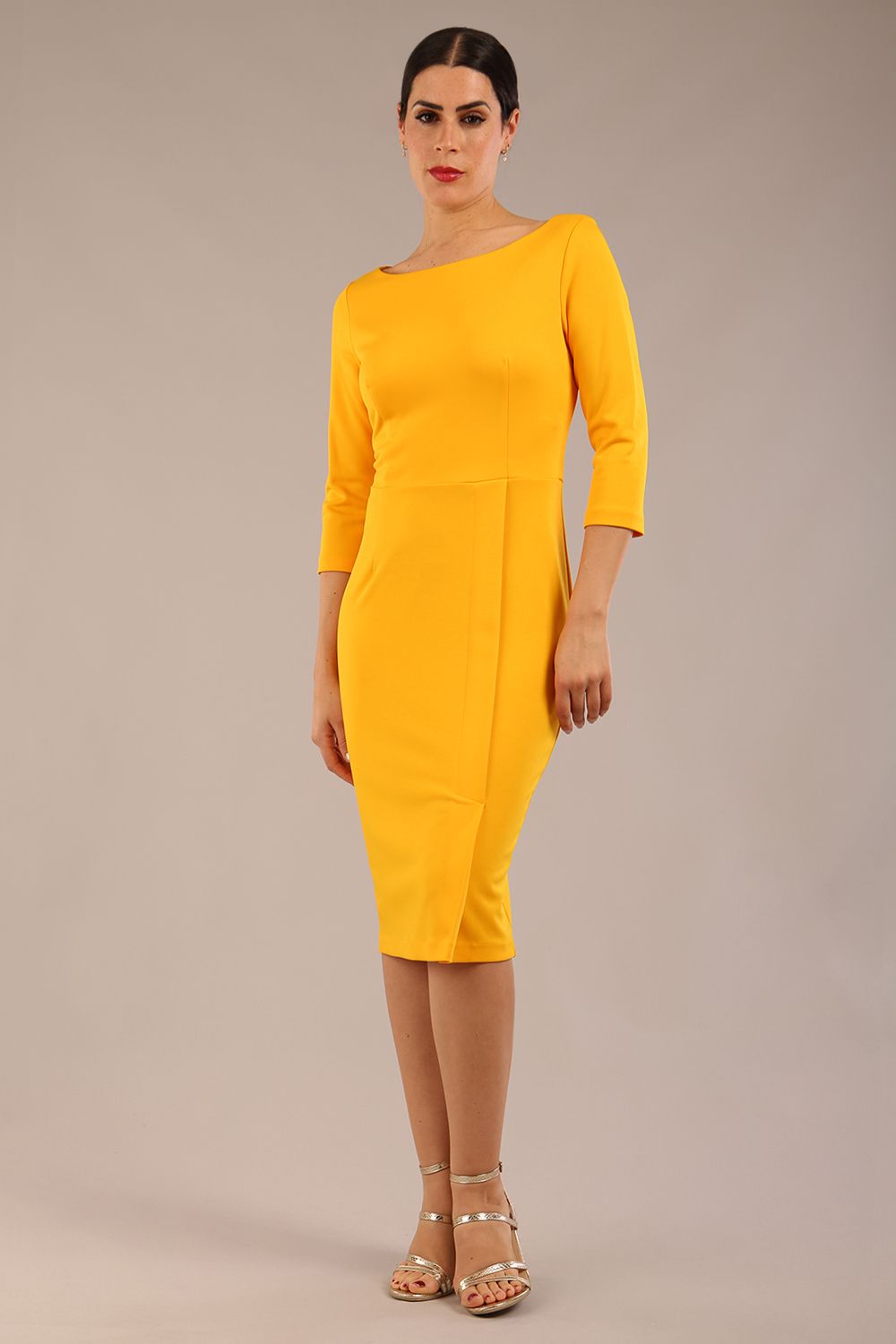 Kinga 3/4 Sleeved Pencil Dress in Saffron Yellow – Diva Catwalk, image 3