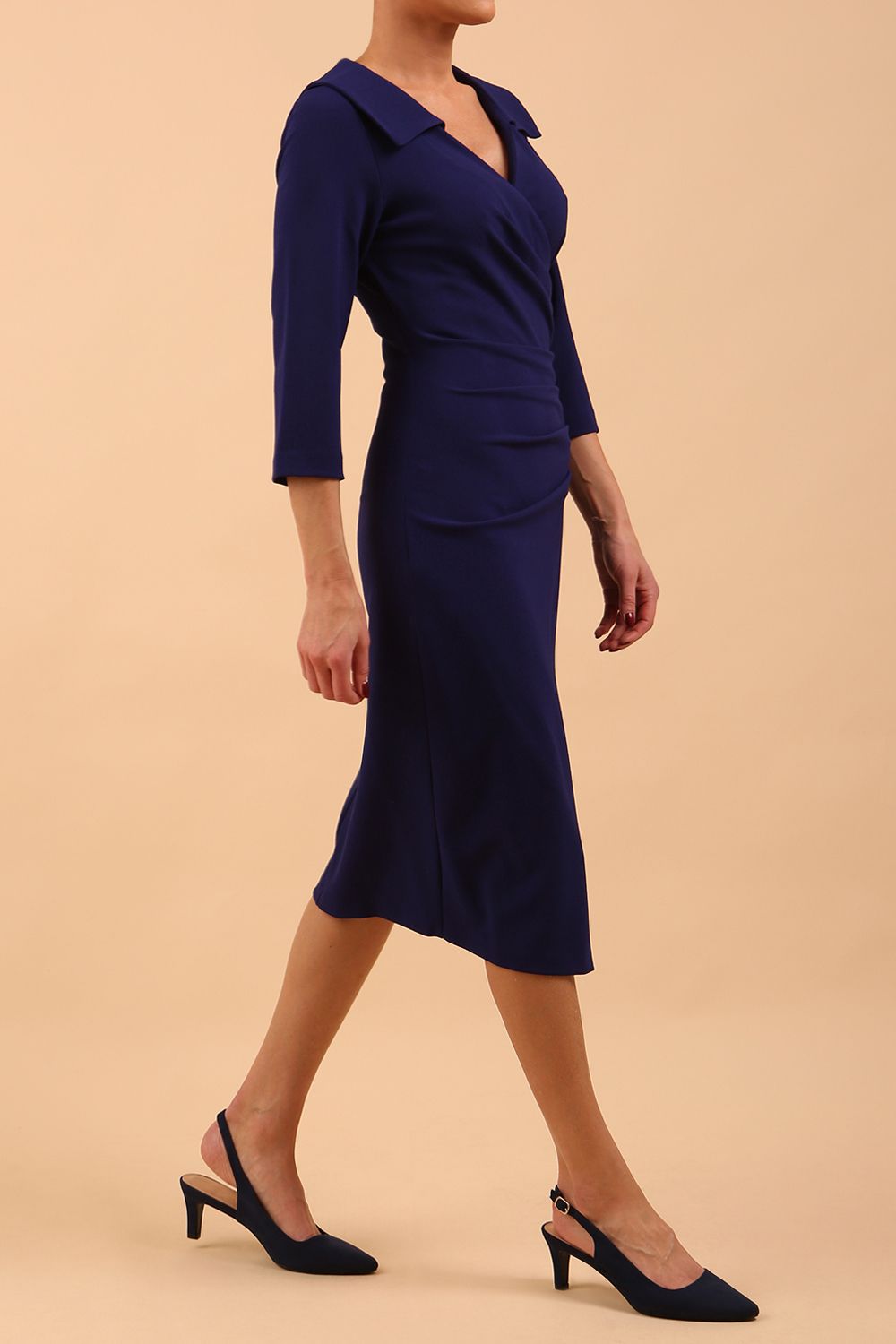 Liesel Low V-neck Sleeved Collared Wrap Pencil Dress – Diva Catwalk, image 6