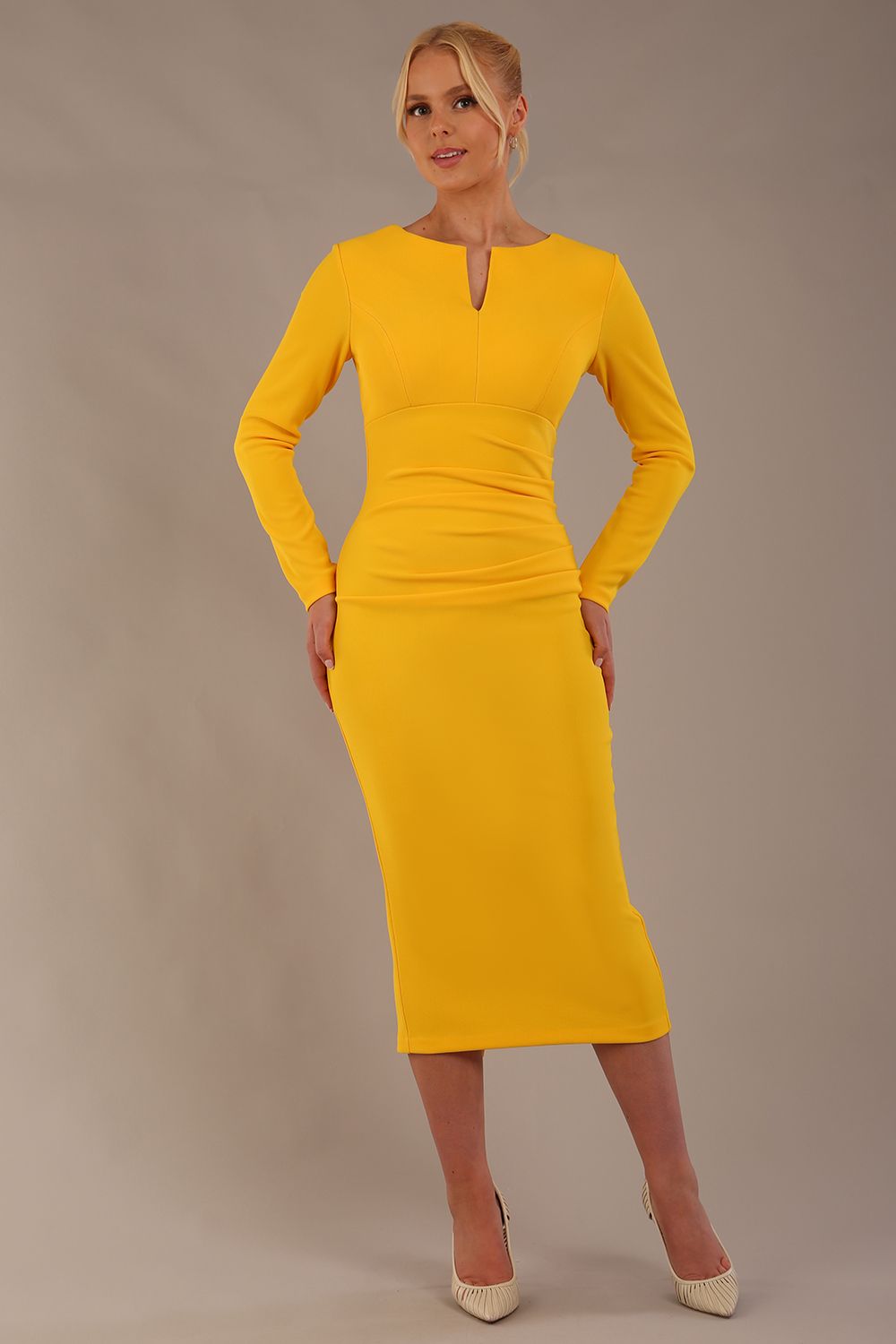 Long Sleeved Lydia Midi Pencil Dress in Sunshine Yellow – Diva Catwalk, image 10