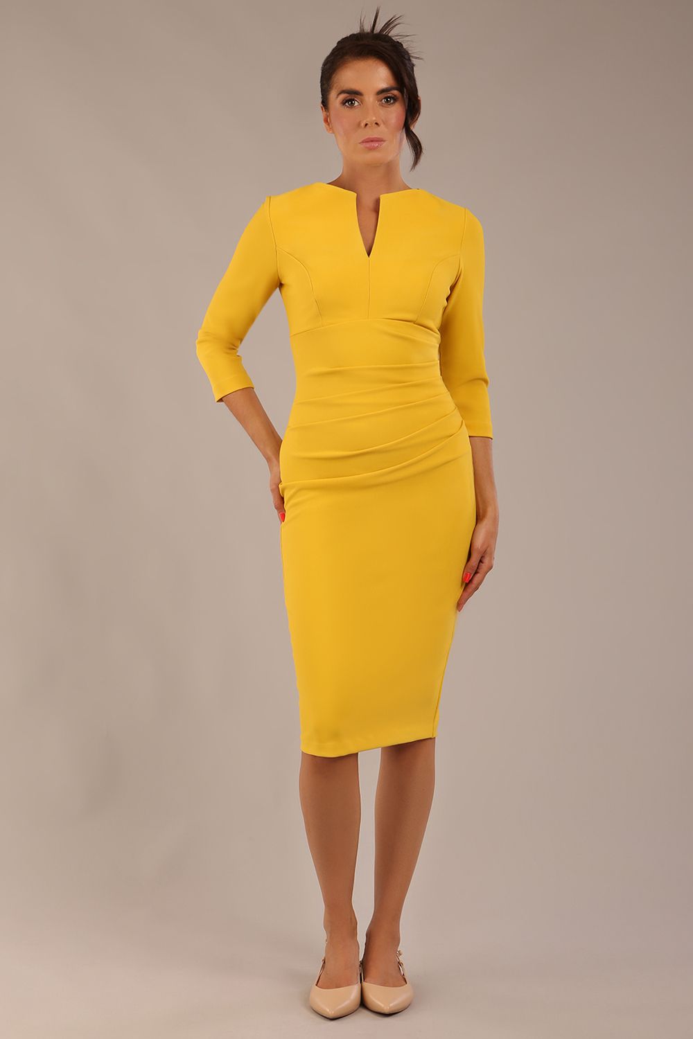 Lydia 3/4 Sleeved Plain Dress in Mustard Yellow – Diva Catwalk, image 11