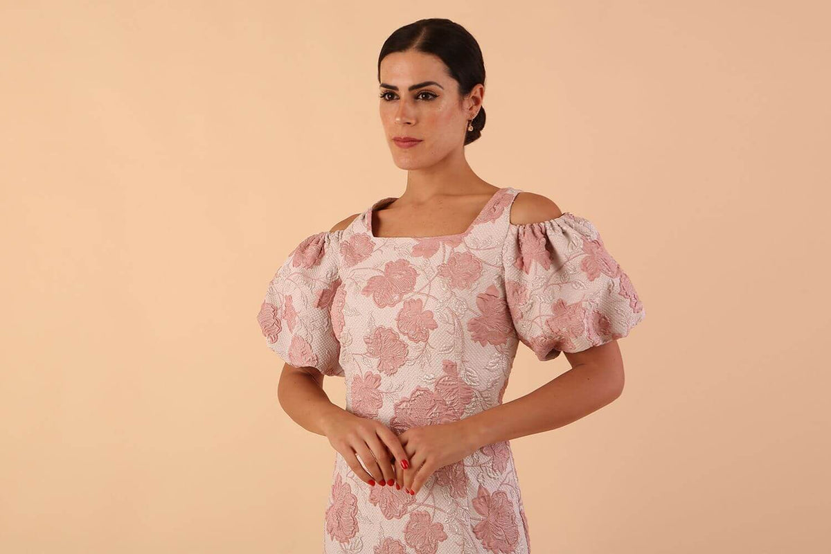 Margot Rose Jacquard Puff Sleeve Dress in Rose Floral Jacquard – Diva Catwalk, image 1