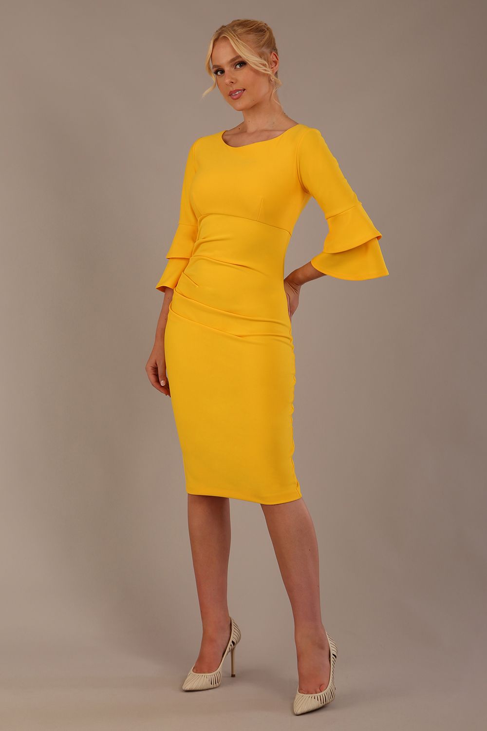 Meridian Flute Sleeve Dress in Sunshine Yellow – Diva Catwalk, image 9
