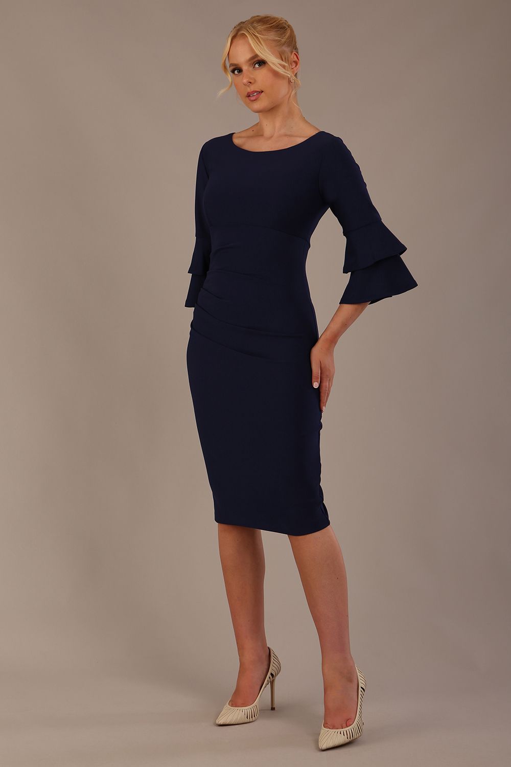 Meridian Flute Sleeve Dress in Navy Blue – Diva Catwalk, image 3