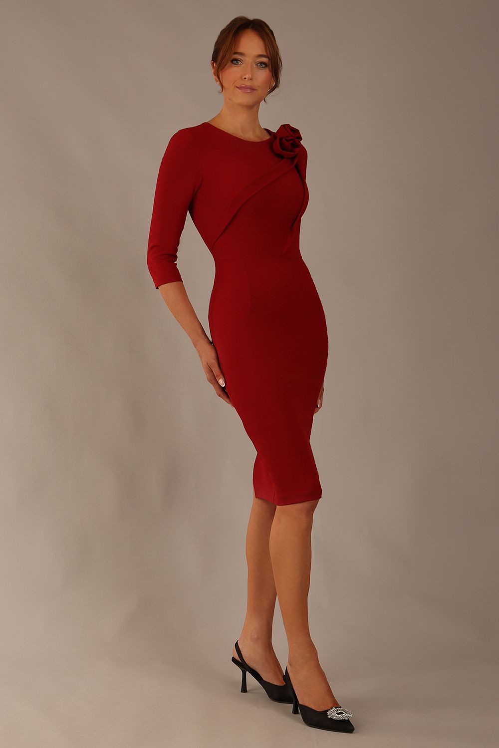 Mirabelle ¾ Sleeves & Floral Shoulder Detail Pencil Dress – Diva Catwalk, image 2