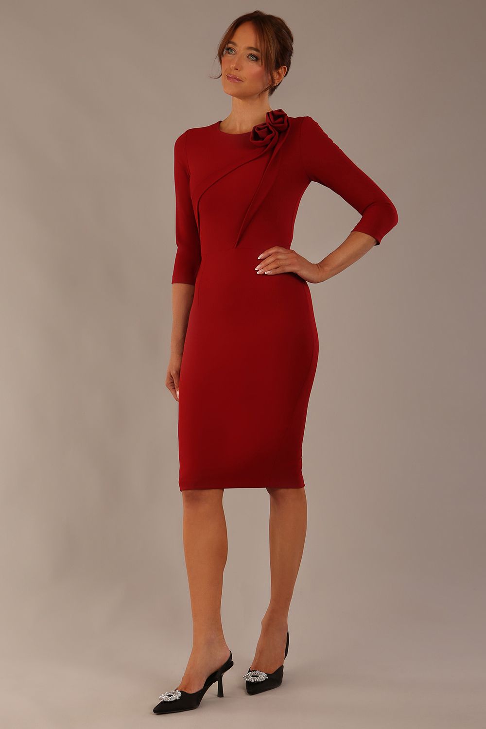 Mirabelle ¾ Sleeves & Floral Shoulder Detail Pencil Dress – Diva Catwalk, image 4