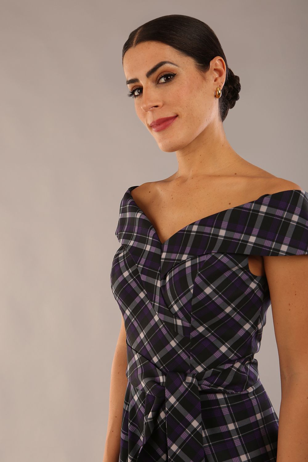 Montclair Tartan Off-Shoulder Midi Dress in Royal Purple Tartan – Diva Catwalk, image 4