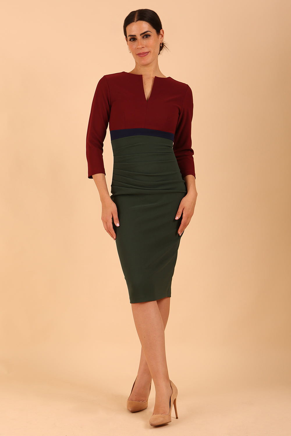 Nadia 3/4 Sleeve Colour Block Dress in Deep Green,Burgundy,Navy – Diva Catwalk, image 3