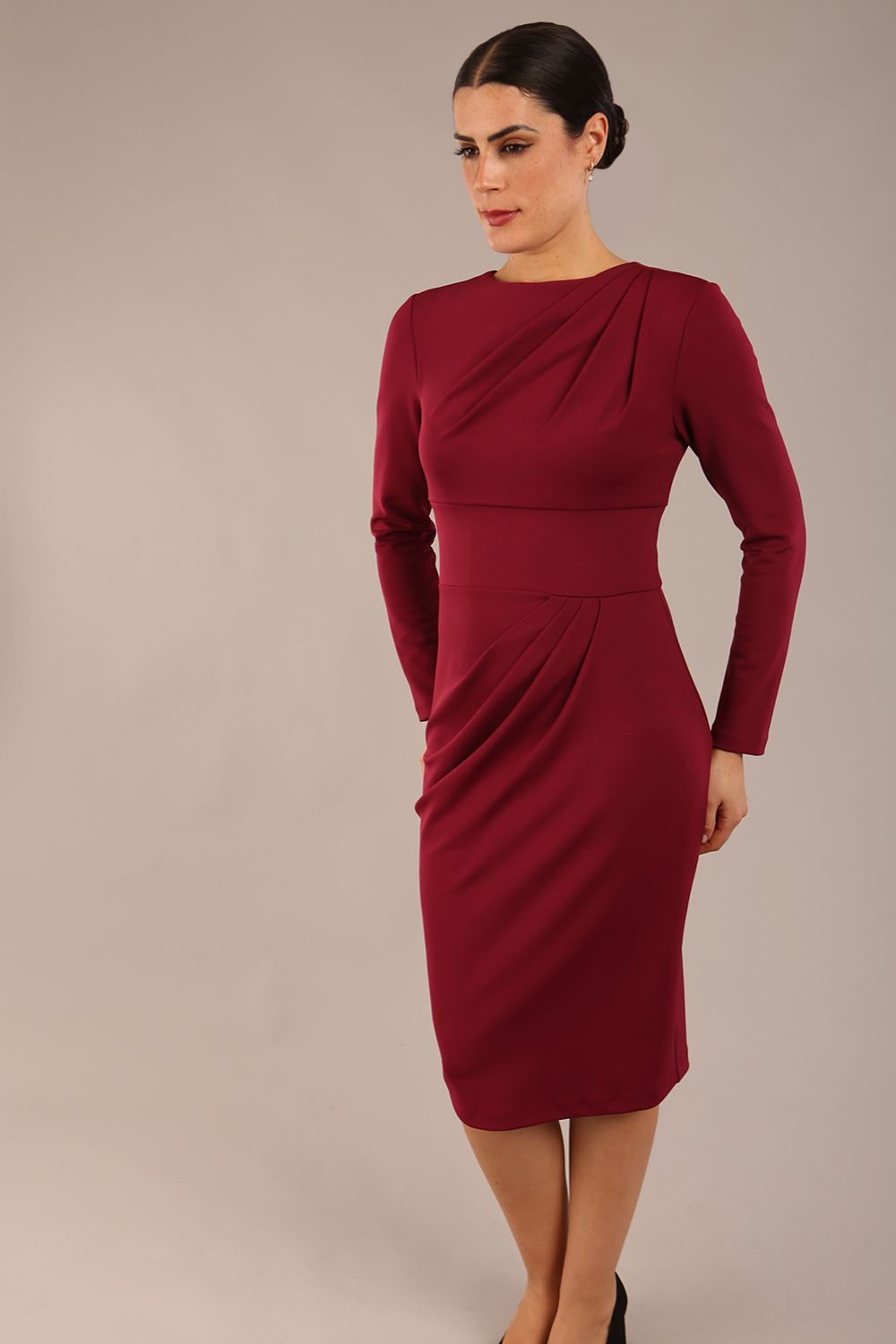 Olgivy Long Sleeve Knee Length Pencil Dress in Burgundy – Diva Catwalk, image 22
