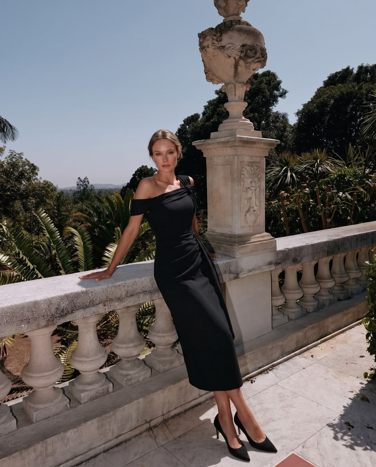Olina Sculptural Off-The-Shoulder Drape Dress in Black – Diva Catwalk, image 53