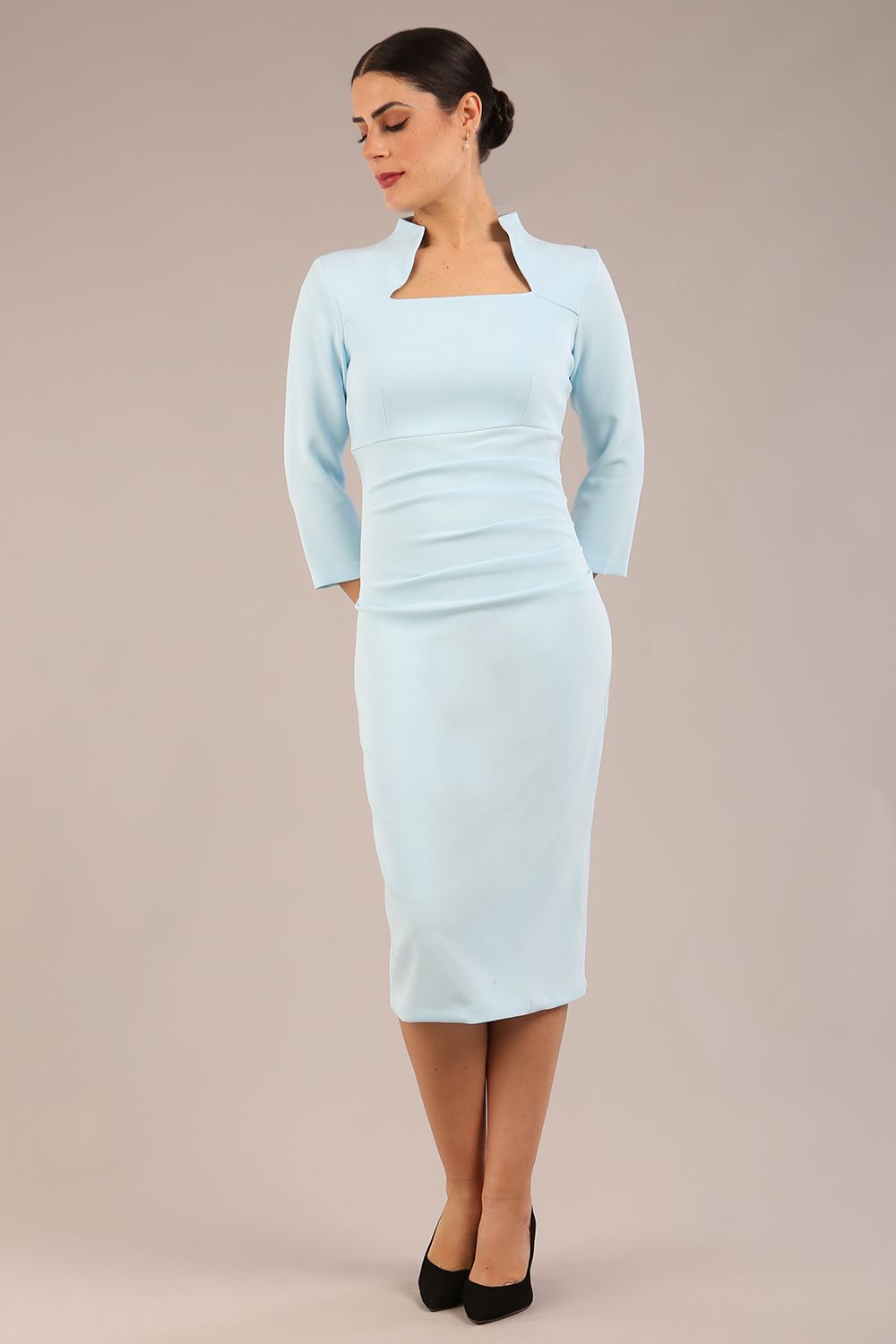 Plaza Trapezium neckline Cutout Pencil Sleeved Dress in Sky Blue – Diva Catwalk, image 21