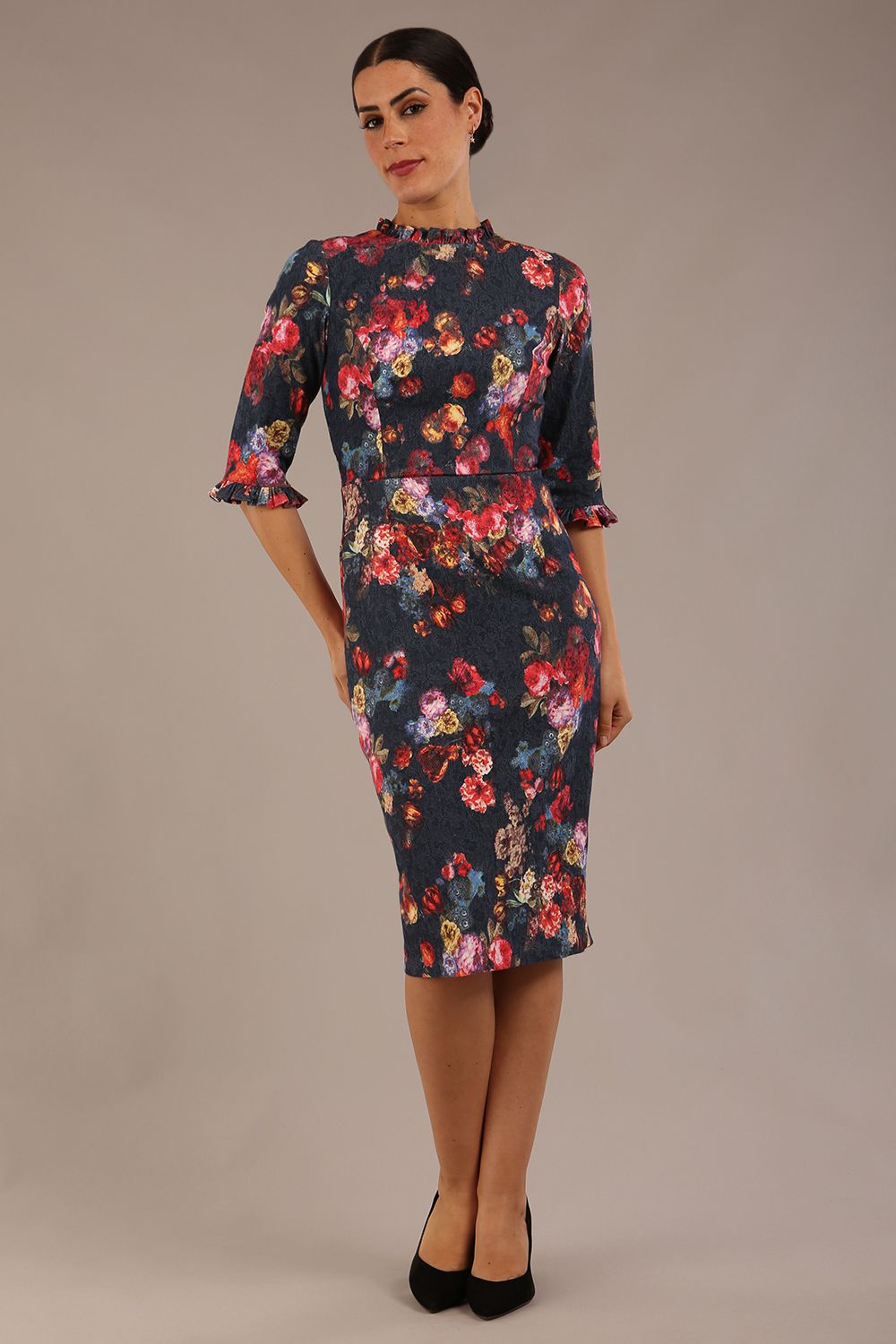 Portofino Frill Neck Floral Jacquard Dress – Diva Catwalk, image 5