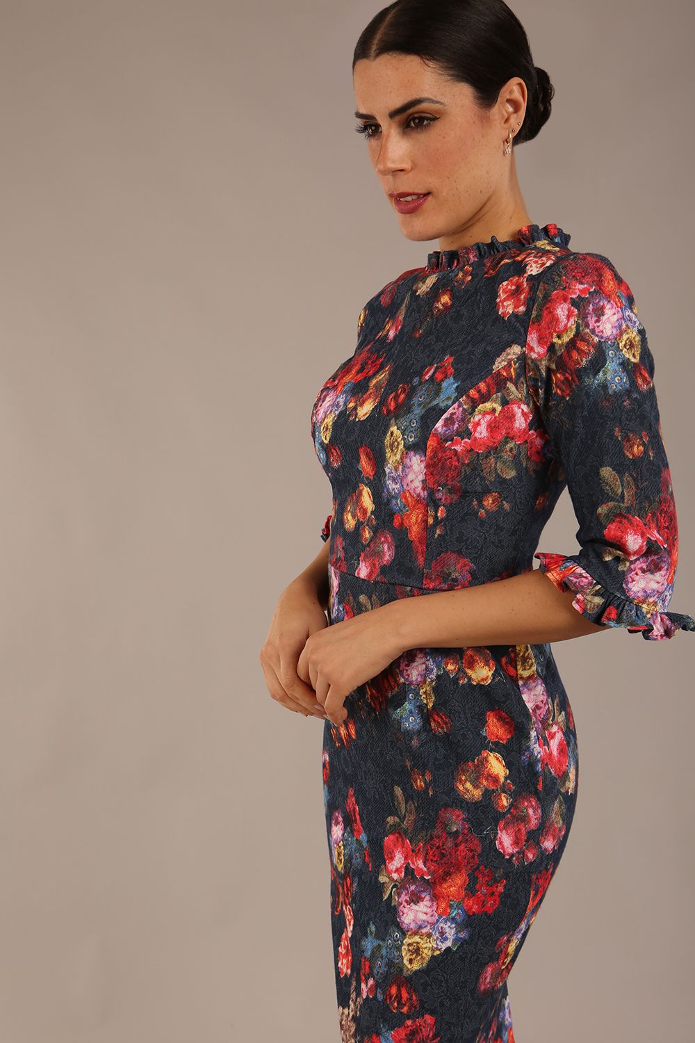 Portofino Frill Neck Floral Jacquard Dress – Diva Catwalk, image 3