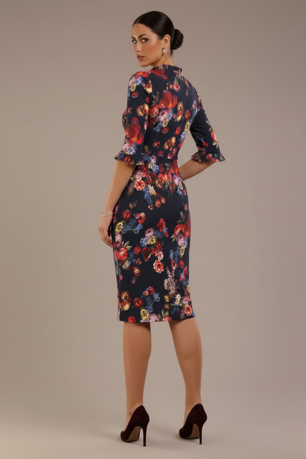 Portofino Frill Neck Floral Jacquard Dress – Diva Catwalk, image 2