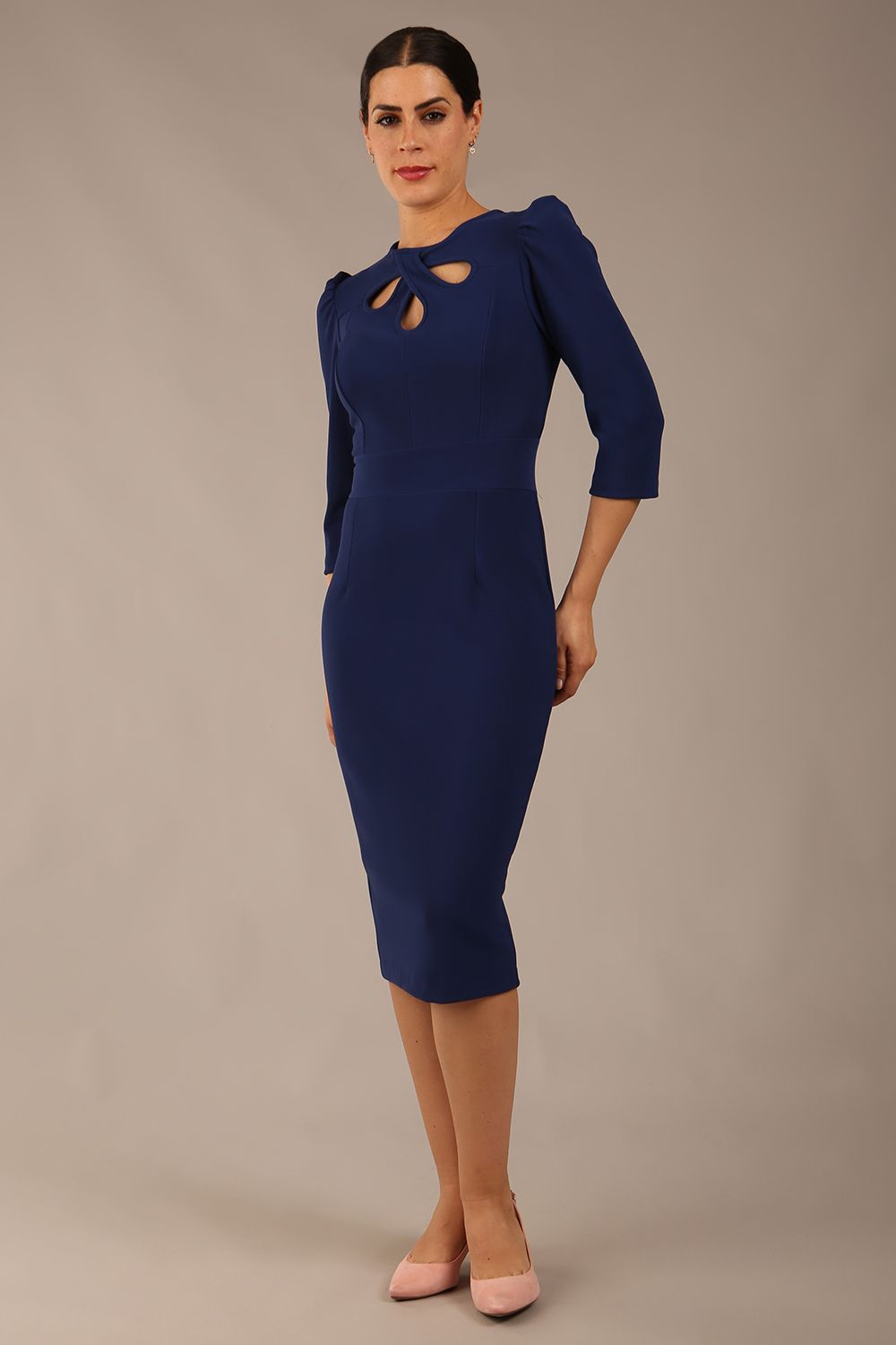 Quintessa Three Petal Keyhole Pencil Dress in Navy Blue – Diva Catwalk, image 22