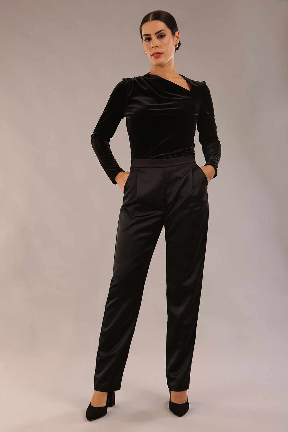 Rhea Satin Stretch Trousers in Black Satin – Diva Catwalk, image 1