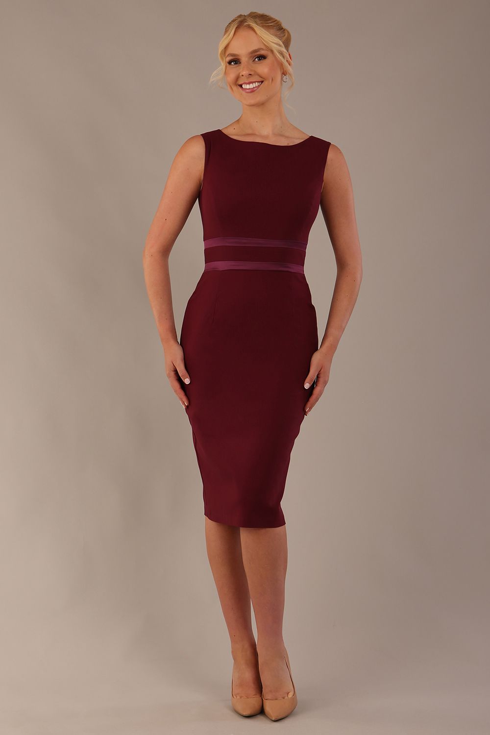 Rialto Satin Waist Pencil Dress in Burgundy – Diva Catwalk, image 1