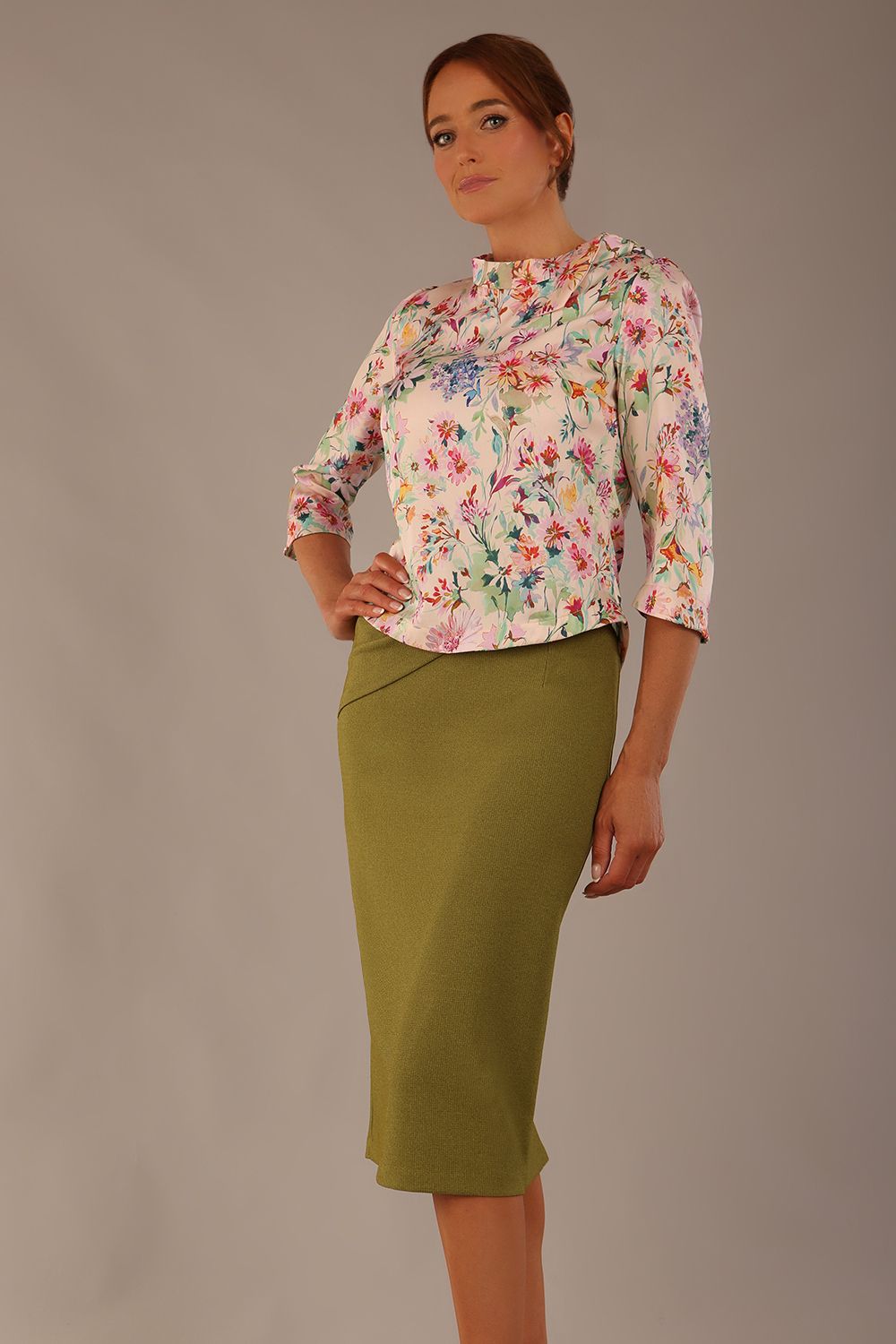 Rockwell 3/4 Sleeved Satin Top in Lush Garden Satin Print – Diva Catwalk, image 1