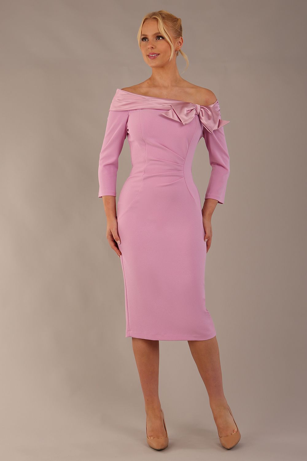 Rosalind Off Shoulder Bow Detail Pencil Dress in Dawn Pink – Diva Catwalk, image 23