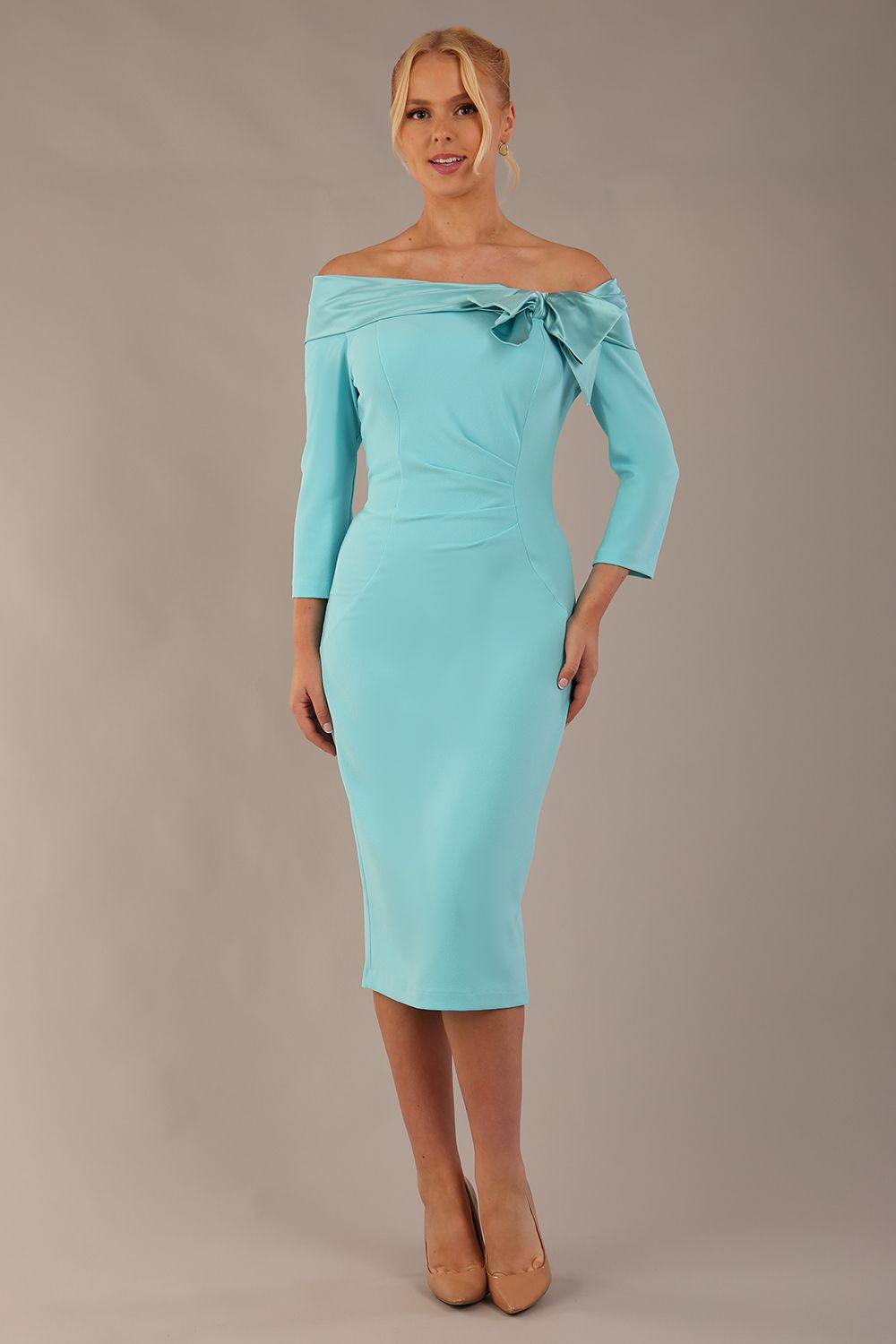 Rosalind Off Shoulder Bow Detail Pencil Dress 