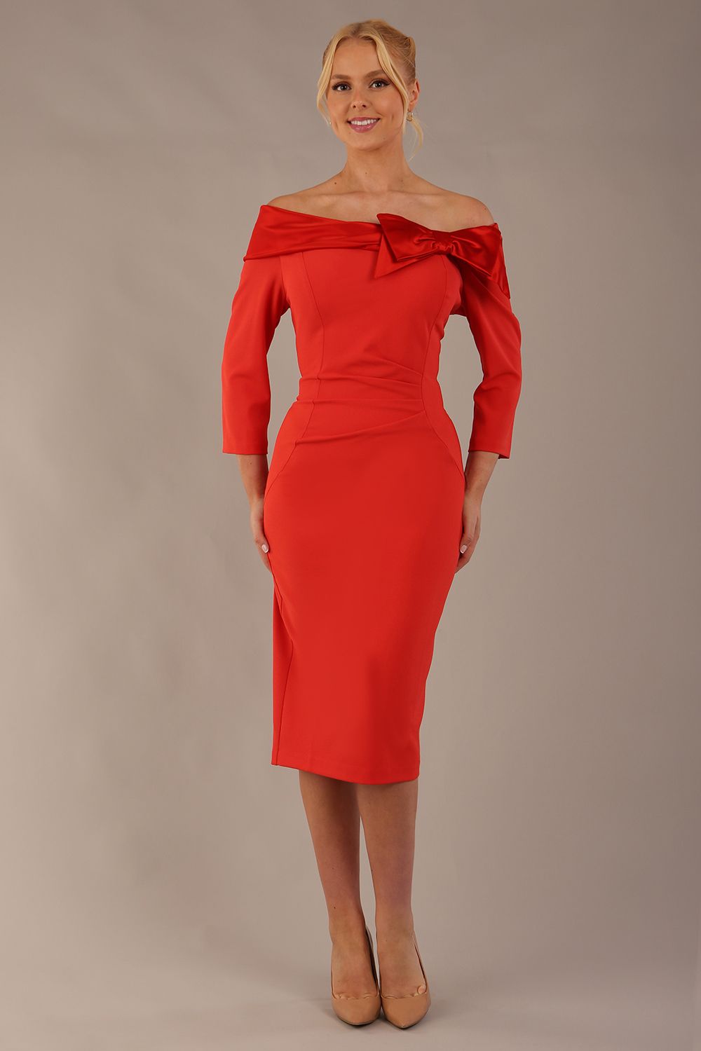 Rosalind Off Shoulder Bow Detail Pencil Dress in Fiesta Orange / Fire Orange Contrast – Diva Catwalk, image 16