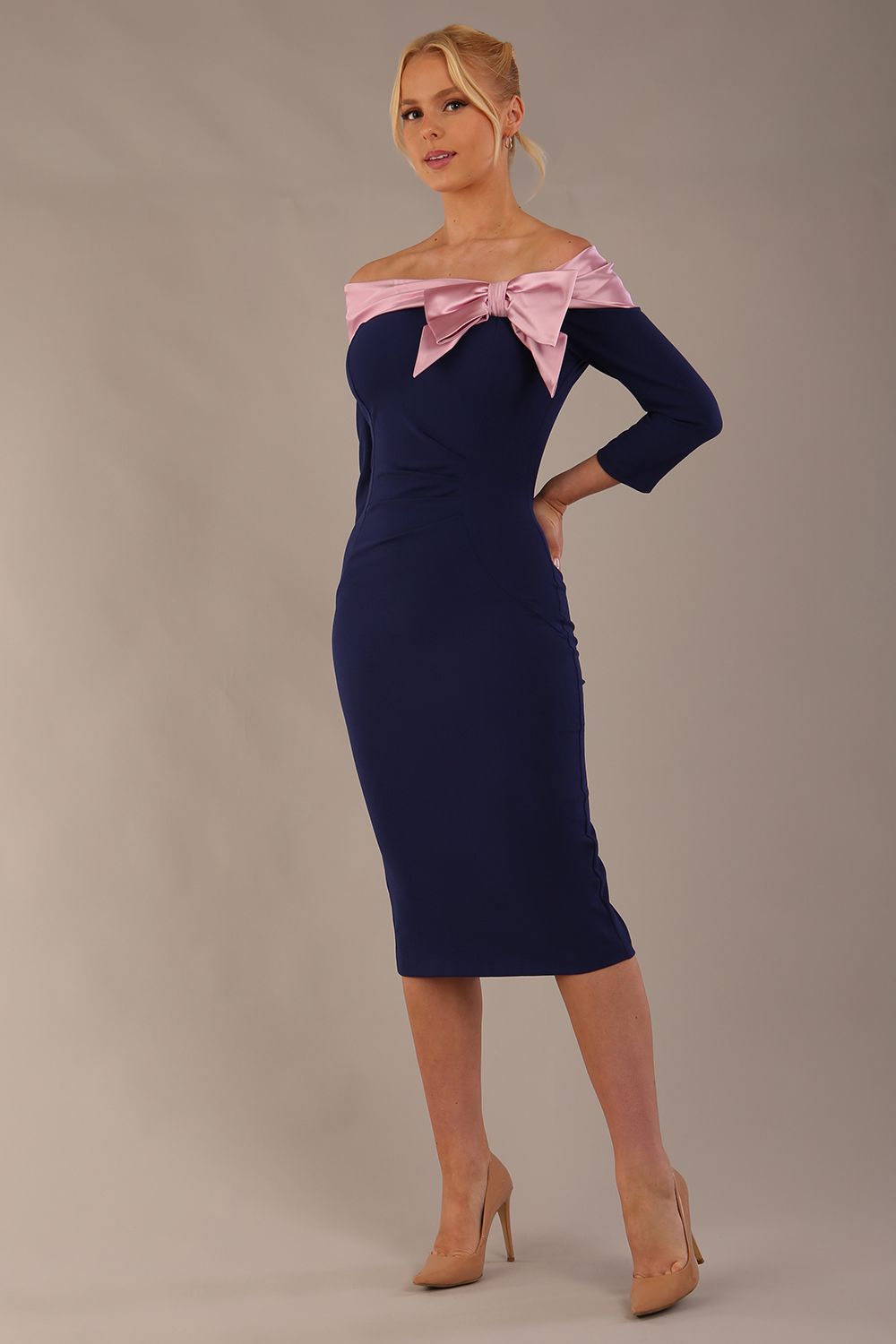 Rosalind Off Shoulder Bow Detail Pencil Dress in Navy Blue / Lilac Contrast – Diva Catwalk, image 11